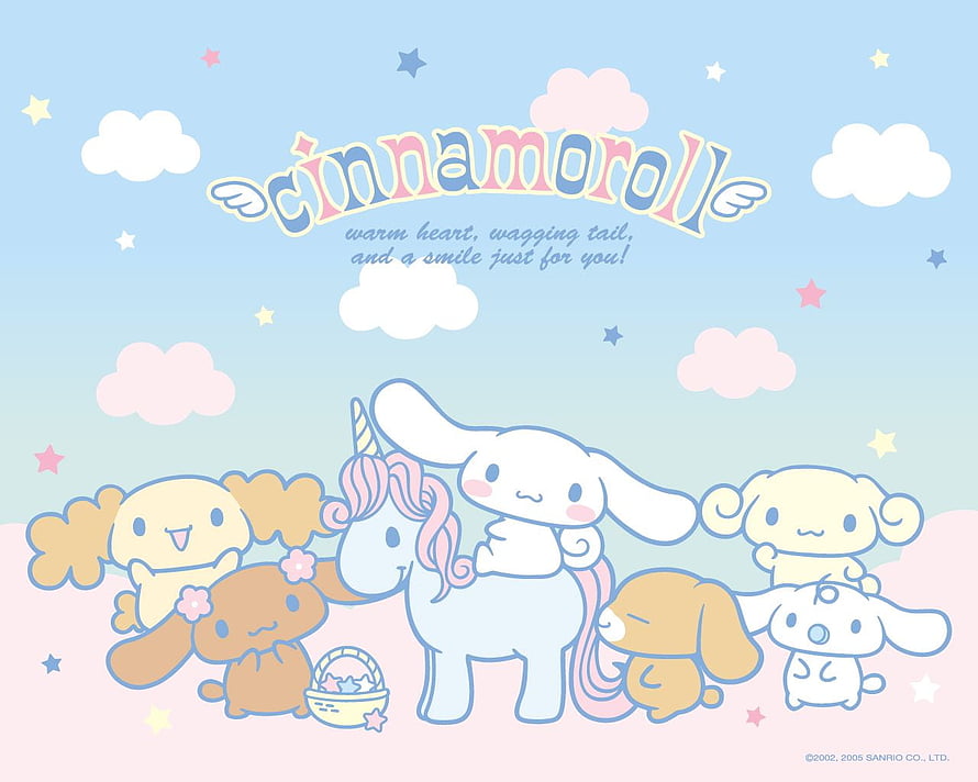 Cinnamoroll and Friends Riding a Unicorn in a Pastel Sky with Clouds and Stars HD wallpaper