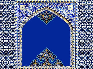 Intricate Islamic Archway with Blue Geometric Tilework and Floral Motifs HD wallpaper