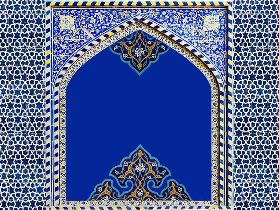 Intricate Islamic Archway with Blue Geometric Tilework and Floral Motifs HD wallpaper
