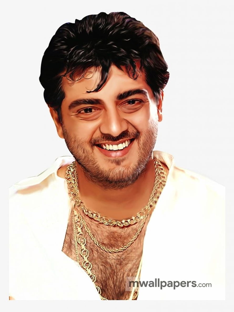 Ajith Kumar smiling portrait wearing gold chains and white shirt HD phone wallpaper