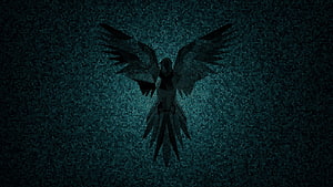 Dark Angel Silhouette with Spread Wings on Textured Teal Background HD wallpaper
