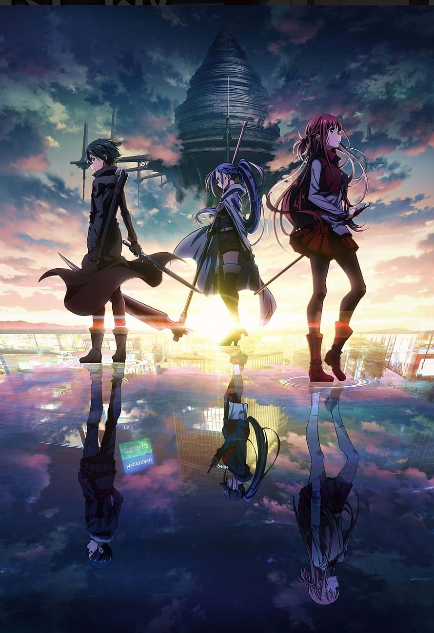 Sword Art Online Kirito Asuna and Yuuki standing on reflective surface with ALO tree HD phone wallpaper