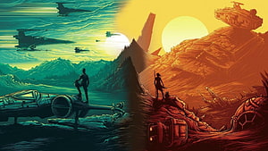 Star Wars Split Screen Artwork Featuring Imperial Star Destroyers and Rebel Fighters HD wallpaper