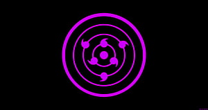 Sasuke Uchiha Rinnegan and Sharingan Eye Symbol in Neon Purple on Black Background HD wallpaper