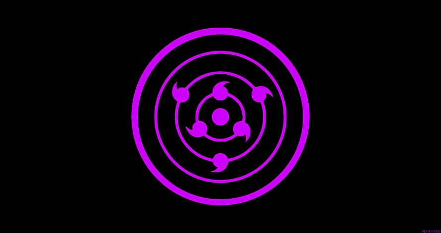 Sasuke Uchiha Rinnegan and Sharingan Eye Symbol in Neon Purple on Black Background HD wallpaper