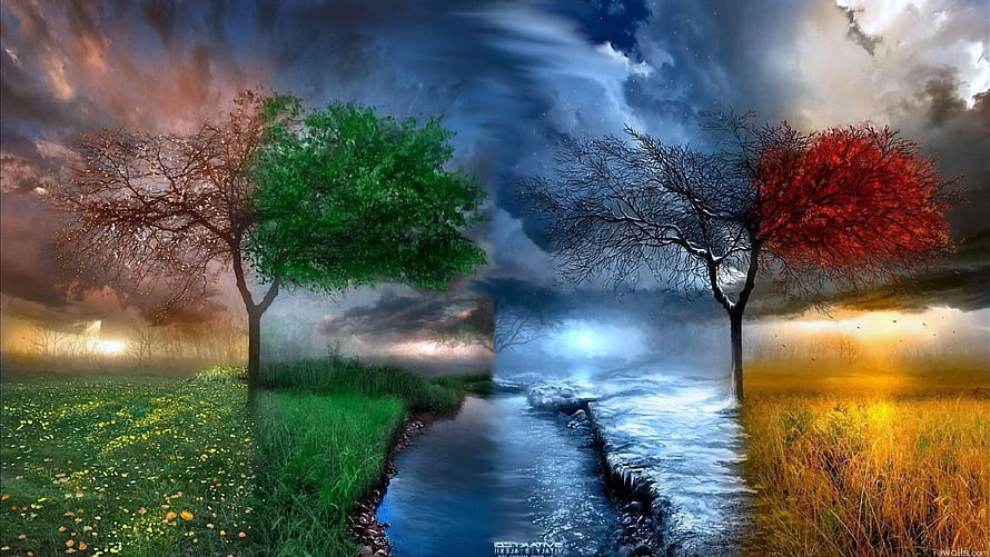 Four Seasons Landscape with Colorful Trees and Dramatic Stormy Sky HD wallpaper