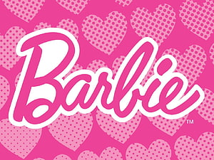 Barbie Logo on Pink Polka Dot Heart Pattern Background HD wallpaper