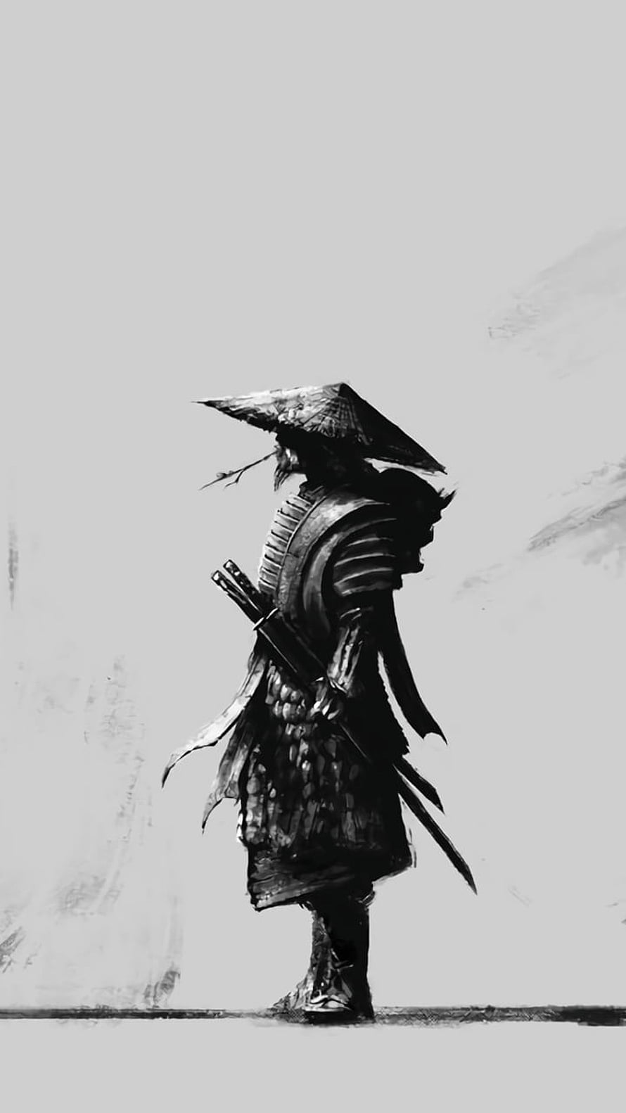 Monochrome Samurai Warrior in Traditional Armor with Wide-Brimmed Hat and Dual Swords HD phone wallpaper