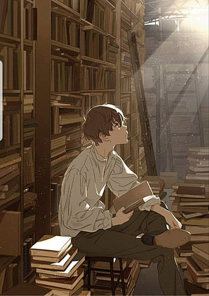 Anime Boy Reading Book in Sunlit Library with Dust Motes and Stacks of Books HD phone wallpaper