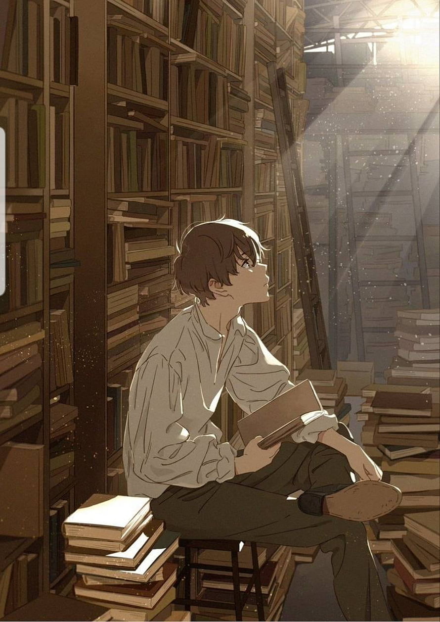 Anime Boy Reading Book in Sunlit Library with Dust Motes and Stacks of Books HD phone wallpaper