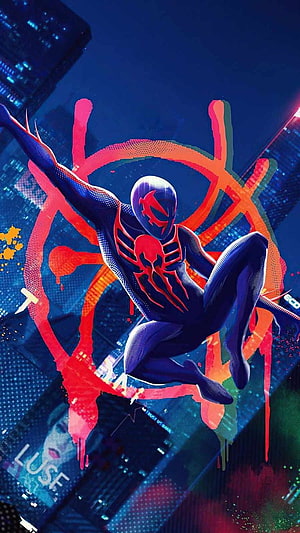 Miguel O'Hara Spider-Man 2099 in Dynamic Crouching Pose with Neon Red and Blue Cityscape Background, spiderman 2099, organismo, arte HD phone wallpaper