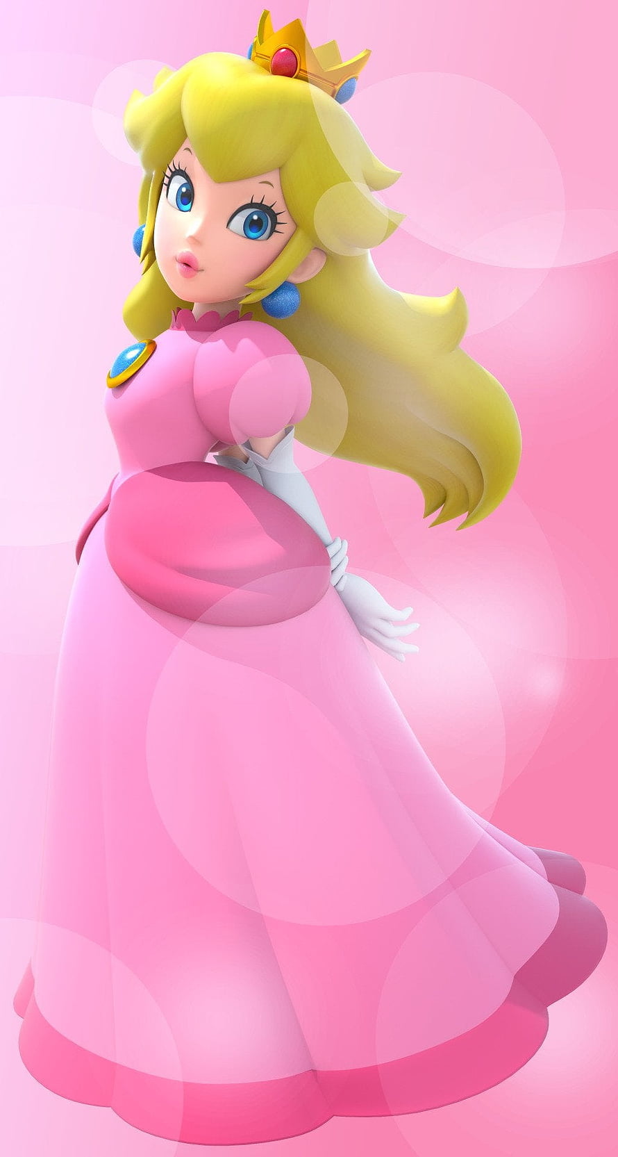 Princess Peach in Pink Gown with Crown and Blue Earrings on Soft Pink Background HD phone wallpaper