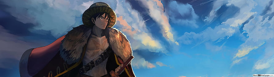 One Piece Anime Character in Straw Hat and Fur Cloak Under Dramatic Cloudy Sky HD wallpaper