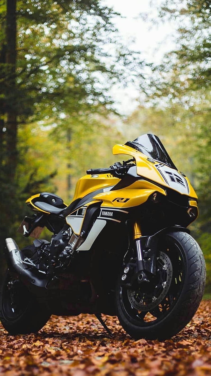 Yellow Yamaha R1 Sportbike Parked on Autumn Leaves in Forest HD phone wallpaper