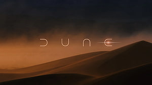 Dune Movie Title Card Over Golden Desert Dunes at Sunset HD wallpaper
