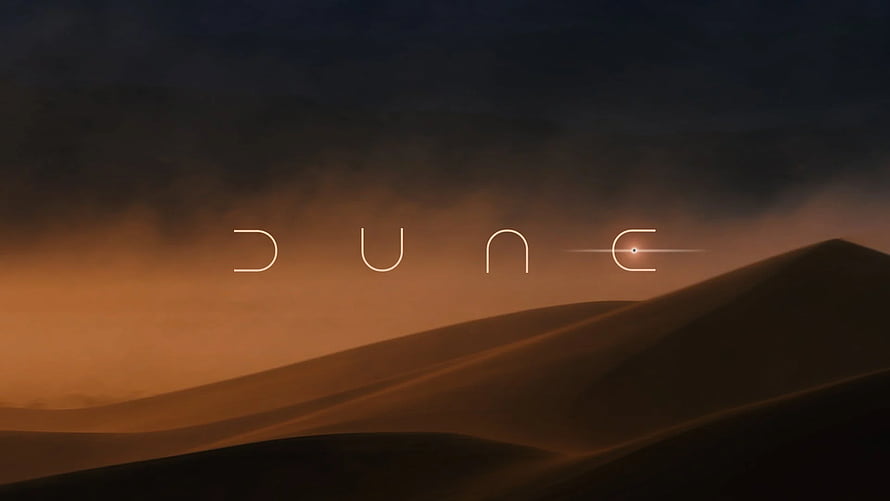 Dune Movie Title Card Over Golden Desert Dunes at Sunset HD wallpaper