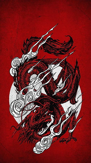 Traditional Red Chinese Dragon Illustration With White Clouds And Moon HD phone wallpaper