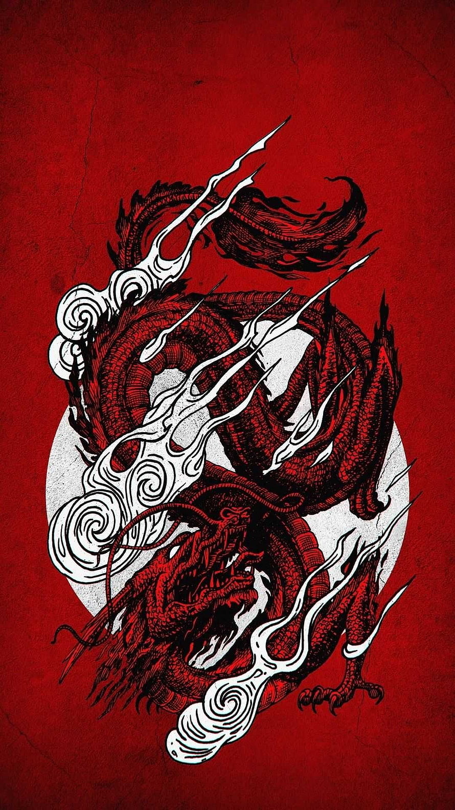 Traditional Red Chinese Dragon Illustration With White Clouds And Moon HD phone wallpaper