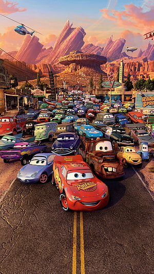 Lightning McQueen and Mater in Radiator Springs at Sunset HD phone wallpaper