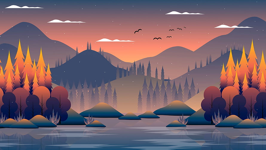 Serene Vector Landscape Illustration of a Mountain Lake at Sunset with Pine Forests HD wallpaper