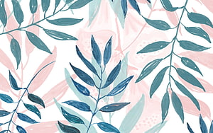 Watercolor Botanical Pattern with Teal Leaves and Soft Pink Floral Accents HD wallpaper