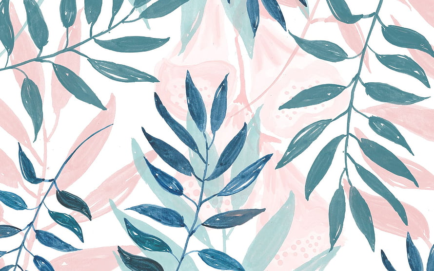 Watercolor Botanical Pattern with Teal Leaves and Soft Pink Floral Accents HD wallpaper