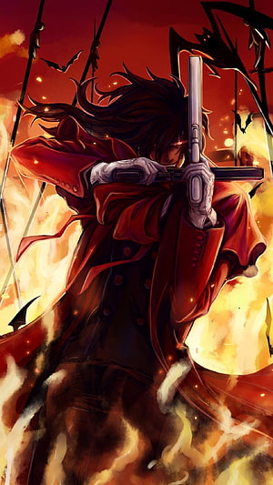 Alucard from Hellsing Ultimate Aiming Dual Pistols in a Fiery Crimson Battlefield HD phone wallpaper