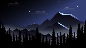 Minimalist Night Mountain Landscape With Pine Forest Silhouette And Starry Sky HD wallpaper