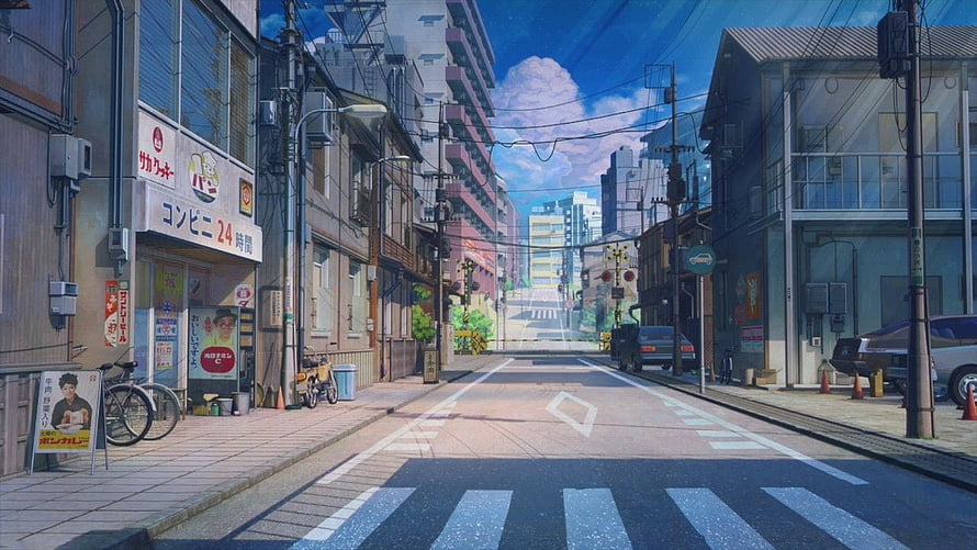 Sunny Japanese City Street Anime Style Illustration With Convenience Store And Blue Sky HD wallpaper