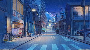 Serene Japanese Street Scene at Night with Starry Sky and Soft Blue Lighting HD wallpaper