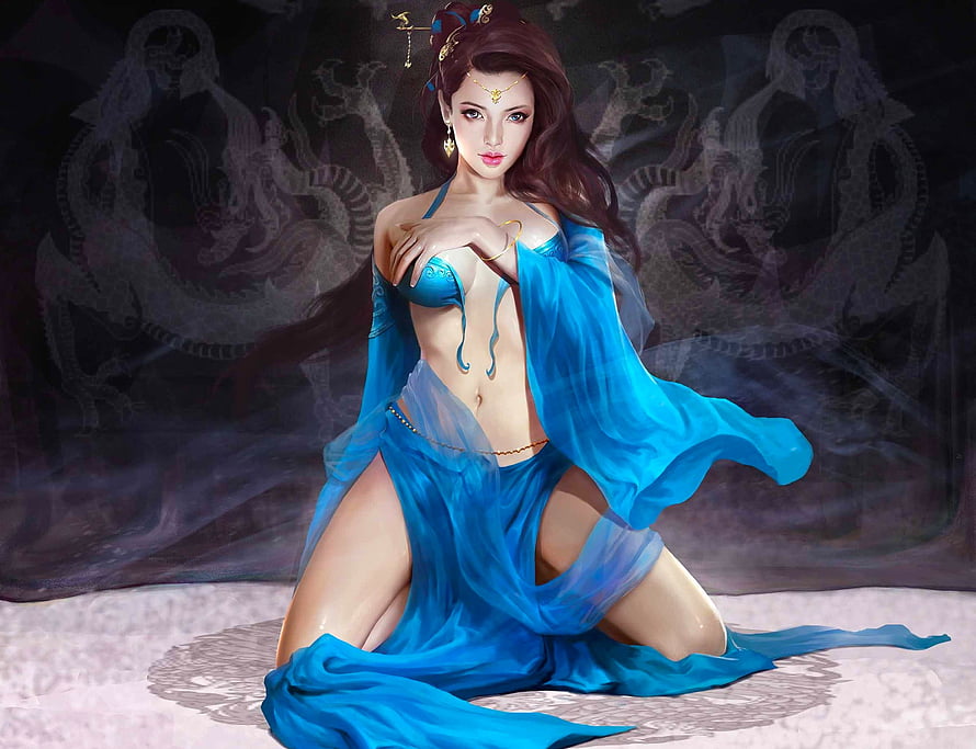 Fantasy Art of a Beautiful Woman in Blue Silk Dress with Dragon Background, Scent of Seduction, blue, veils, digital, art, fantasy, beautiful, girl, woman HD wallpaper