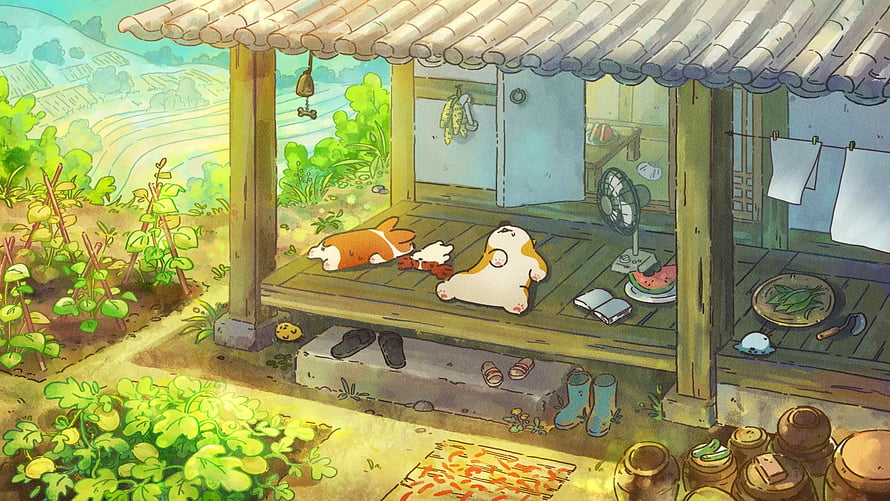 Cute cartoon cats sleeping on a traditional Korean house porch with garden and watermelon HD wallpaper