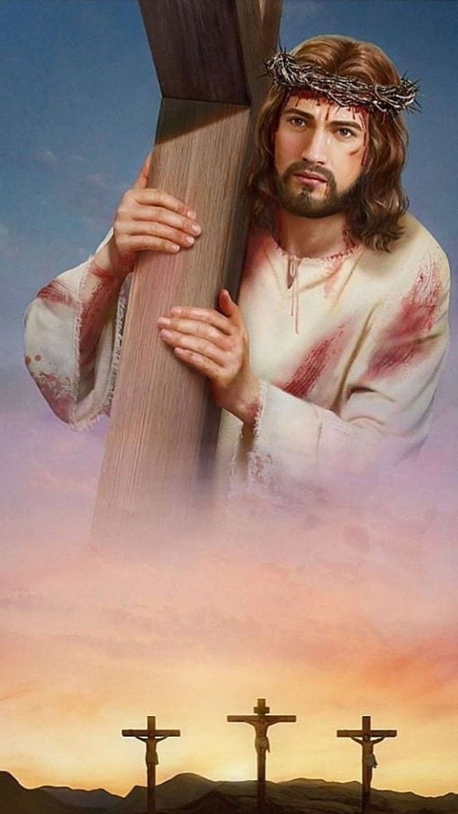 Jesus Carrying the Cross with Calvary Silhouette Background HD phone wallpaper