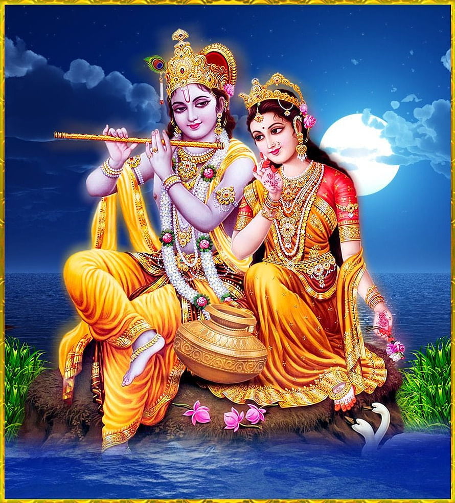 Radha Krishna sitting together playing flute under moonlight HD phone wallpaper