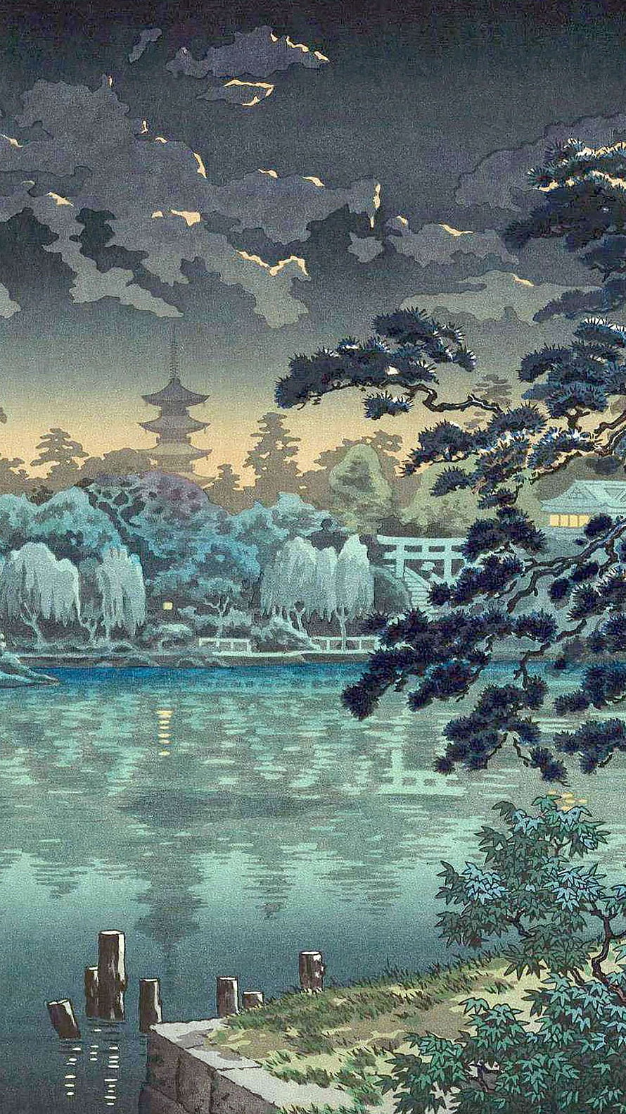 Japanese Pagoda and Torii Gate by the Lake at Dusk Anime Style Wallpaper HD phone wallpaper