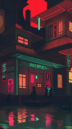 Neon-lit cyberpunk street scene with traditional architecture, glowing signs, and reflections in water HD phone wallpaper