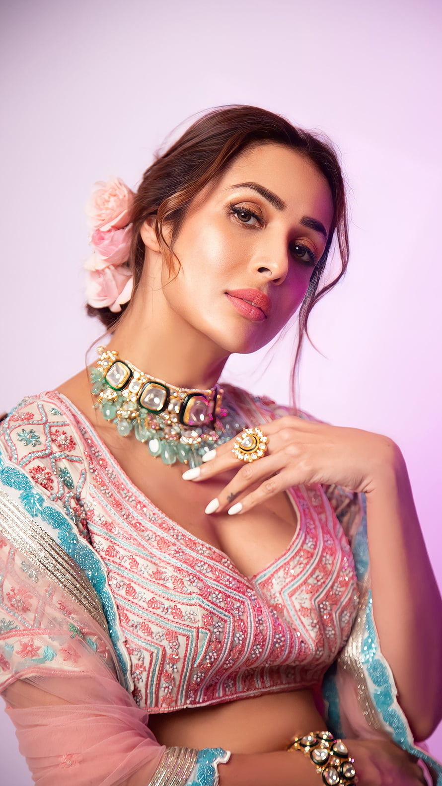 Mouni Roy in a Pink and Blue Embroidered Lehenga Choli with Traditional Jewelry HD phone wallpaper