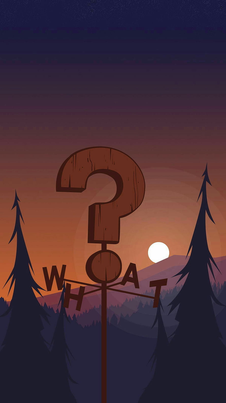 Gravity Falls Mystery Sign in Twilight Forest with Setting Sun and Pine Trees HD phone wallpaper
