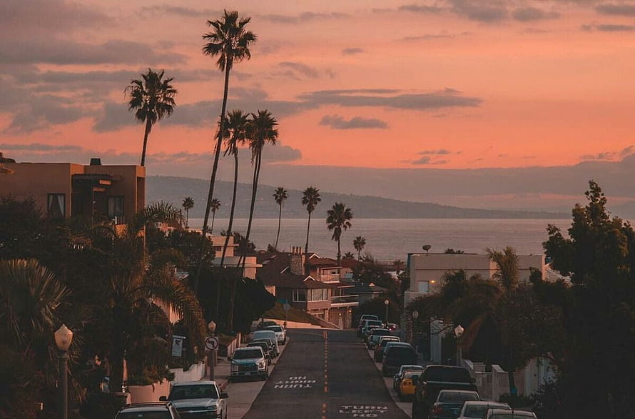 Sunset View of a Coastal Street with Palm Trees and Ocean Horizon HD wallpaper