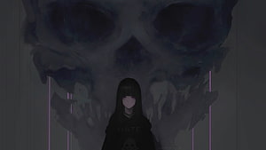 Anime girl with purple eyes standing before a massive dark skull with neon accents HD wallpaper
