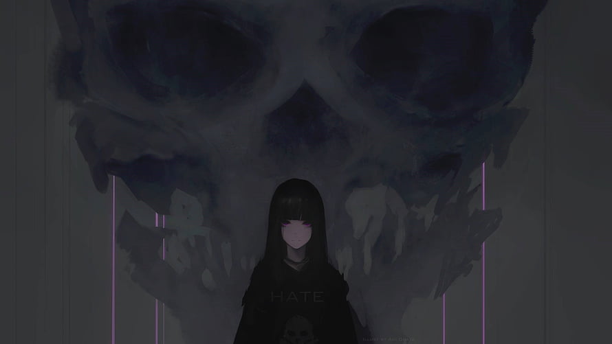 Anime girl with purple eyes standing before a massive dark skull with neon accents HD wallpaper