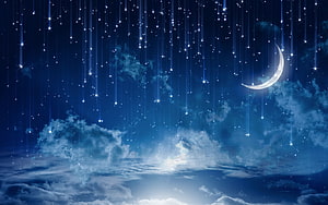 Magical Night Sky With Crescent Moon, Glowing Stars, and Ethereal Clouds HD wallpaper