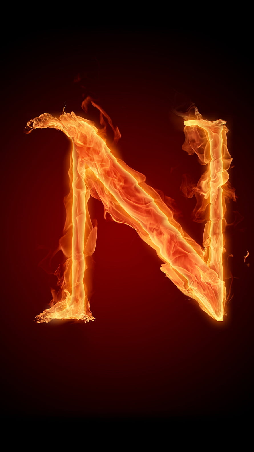Fiery Letter N Alphabet Design With Burning Flames And Smoke On Dark Red Background HD phone wallpaper