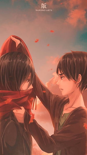 Eren and Mikasa in a tender moment under a warm sunset sky with drifting red petals HD phone wallpaper