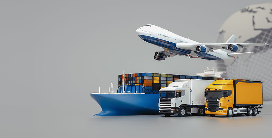 Global Logistics and Transportation Concept with Cargo Ship, Trucks, and Airplane HD wallpaper
