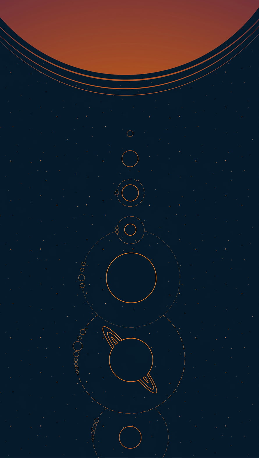 Minimalist Solar System Line Art Wallpaper With Orange Planets On Dark Blue Background HD phone wallpaper