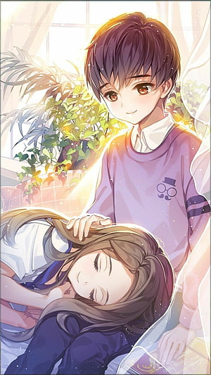 Anime Boy Gently Stroking Sleeping Girl's Hair in Sunlit Room HD phone wallpaper