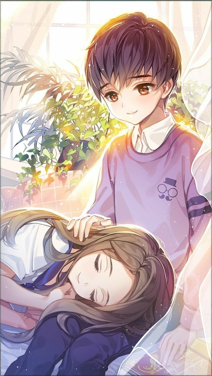 Anime Boy Gently Stroking Sleeping Girl's Hair in Sunlit Room HD phone wallpaper