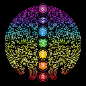 Neon Rainbow Chakra Symbols Tree with Sanskrit Om and Mandala Line Art on Black Background HD phone wallpaper
