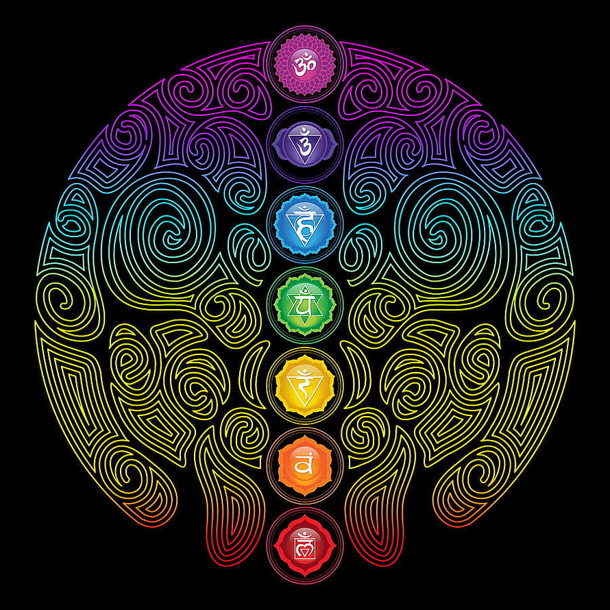 Neon Rainbow Chakra Symbols Tree with Sanskrit Om and Mandala Line Art on Black Background HD phone wallpaper